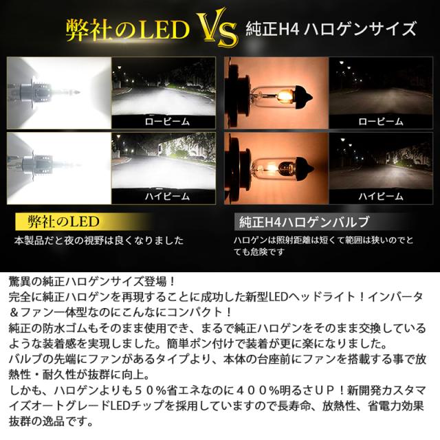 H4 LED 前照灯 2個入 HI/LO 新標準尺度車検相応う 車/自動二輪車用 60W(30W*2) 16000LM(8000LM*2) 12V LED弁膜