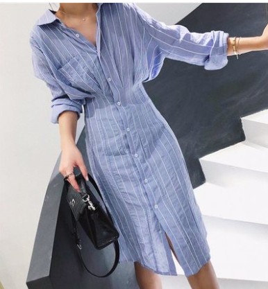 シャツ ブラウス ワンピース ストライプ ロング レディース トップス 長袖 Vネック 膝丈 ウエストマーク ゆったり きれいめ 大人女子 シンプル 春 夏 カジュアル こなれ感 着回し デート 20代 30代 ママ ブルー ホワイト 個性的 送料無料の通販は 7,780円