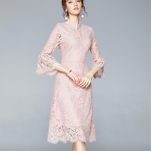 ワンピース レディース 長袖 ハイネック Aライン ハイウエスト ベルスリーブ 脚長 レース 花柄 透け感 ミディアム 膝丈 体系カバー フレア エレガント シンプル かわいい きれいめ おしゃれ 大人女子 ライトブルー ピンク ゆったり 個性的 送料無料の通販は 4,805円