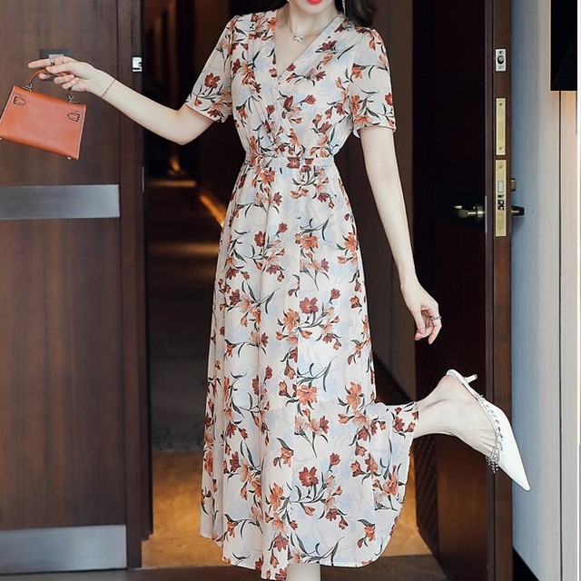 ワンピース レディース フレア ミモレ丈 半袖 Vネック カシュクール ウエストマーク ハイウエスト かわいい 大人可愛い きれいめ 上品 おしゃれ アジアン エスニック 大人女子 こなれ感 キュート ガーリー エレガント モダン 送料無料 個性的 花柄の通販は