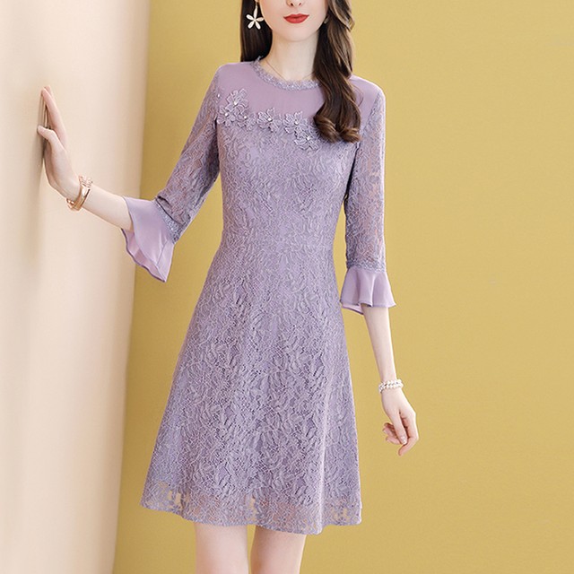 ワンピース ドレス レディース ミニ丈 7分袖 フレアスリーブ ラウンドネック フレア 細身 Aライン 総レース かわいい 大人可愛い きれいめ シンプル 上品 おしゃれ 大人女子 こなれ感 ラブリー キュート ガーリー 紫 透け感 送料無料 個性的の通販は 5,206円