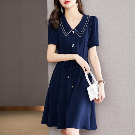 レディース ミディアム  シャツ ワンピース ミモレ丈 レース ウエストベルト パフスリーブ フレア 二の腕カバー ゆったり 大きいサイズ マタニティ 楽ちん スリット サイドスリット カジュアル 体系カバー 無地 送料無料 個性的 春 ネイビー イエローの通販は 7,980円