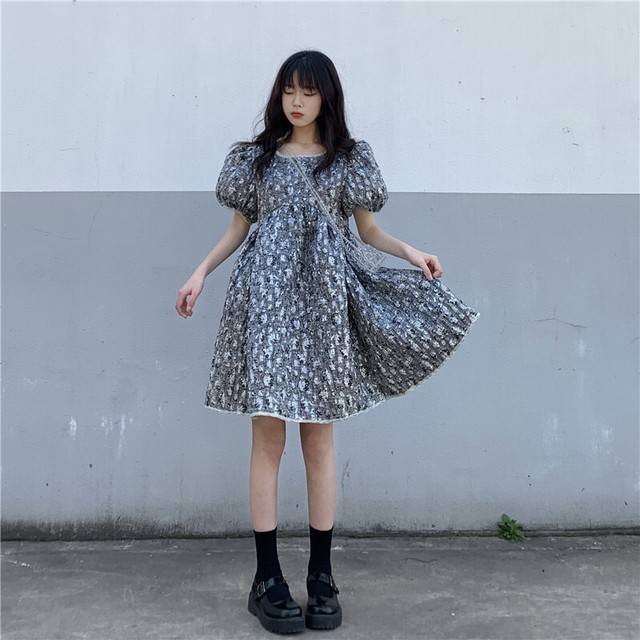 ワンピース レディース フレア 膝上 ミニ丈 Aライン ラウンドネック パフスリーブ パワーショルダー バルーンスリーブ 半袖 バックリボン レースアップ 切り替えデザイン ガーリー 10代 20代 学生 OL モテ 黒 フリーサイズ  送料無料 個性的の通販は