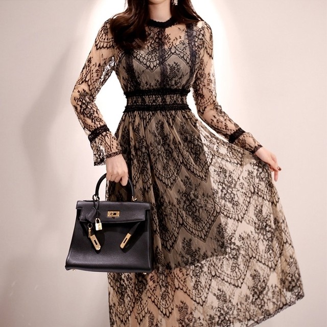 ワンピース レディース フレア ロングワンピース ミモレ丈 クルーネック ファスナー 長袖 レース シースルー ドレスワンピ フェミニン リュクス 大人可愛い 上品 エレガント きれいめ シック 抜け感 こなれ感 お呼ばれ フォーマル 送料無料の通販は 5,681円