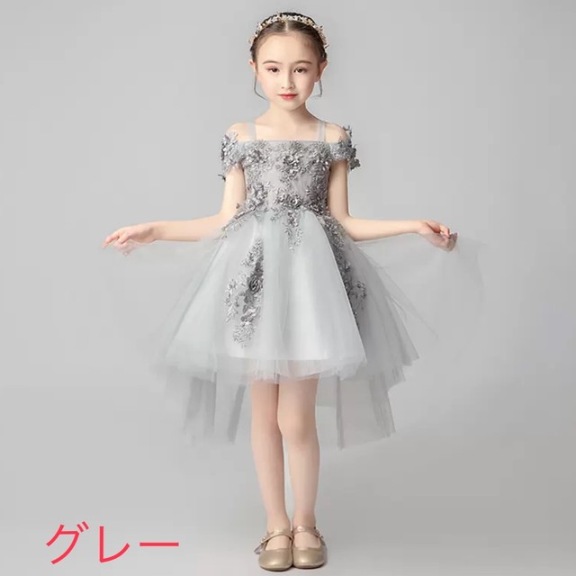 キッズ ドレス ワンピース 3色 グレー レッド ピンク 子供服 アシメ チュールドレス オフショルダー 可愛い ガーリー エレガント ラブリー キュート 華やか フェミニン 花 刺繍 発表会 衣装 大きいサイズ 女の子 送料無料の通販は