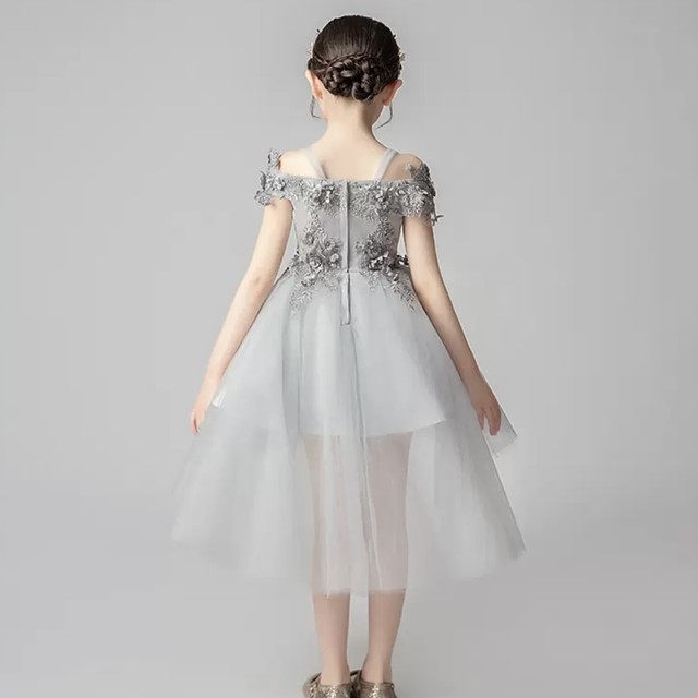 キッズ ドレス ワンピース 3色 グレー レッド ピンク 子供服 アシメ チュールドレス オフショルダー 可愛い ガーリー エレガント ラブリー キュート 華やか フェミニン 花 刺繍 発表会 衣装 大きいサイズ 女の子 送料無料の通販は