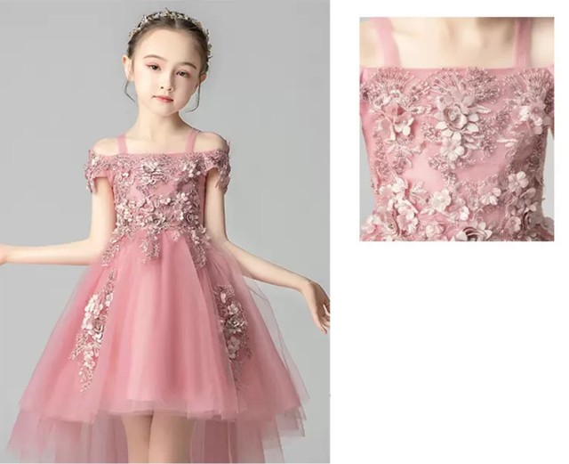 キッズ ドレス ワンピース 3色 グレー レッド ピンク 子供服 アシメ チュールドレス オフショルダー 可愛い ガーリー エレガント ラブリー キュート 華やか フェミニン 花 刺繍 発表会 衣装 大きいサイズ 女の子 送料無料の通販は