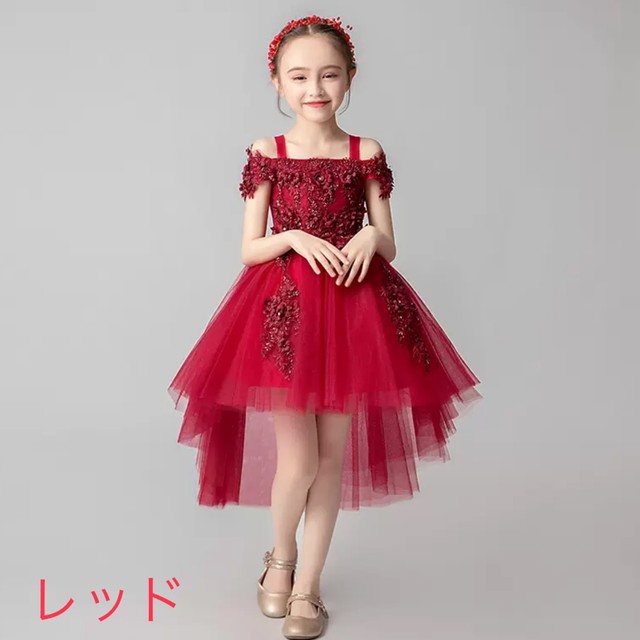 キッズ ドレス ワンピース 3色 グレー レッド ピンク 子供服 アシメ チュールドレス オフショルダー 可愛い ガーリー エレガント ラブリー キュート 華やか フェミニン 花 刺繍 発表会 衣装 大きいサイズ 女の子 送料無料の通販は