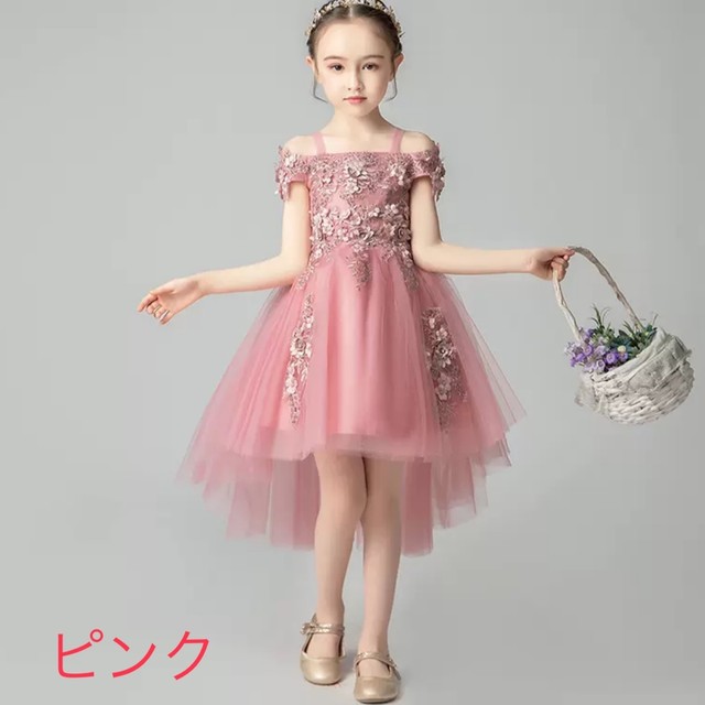 キッズ ドレス ワンピース 3色 グレー レッド ピンク 子供服 アシメ チュールドレス オフショルダー 可愛い ガーリー エレガント ラブリー キュート 華やか フェミニン 花 刺繍 発表会 衣装 大きいサイズ 女の子 送料無料の通販は