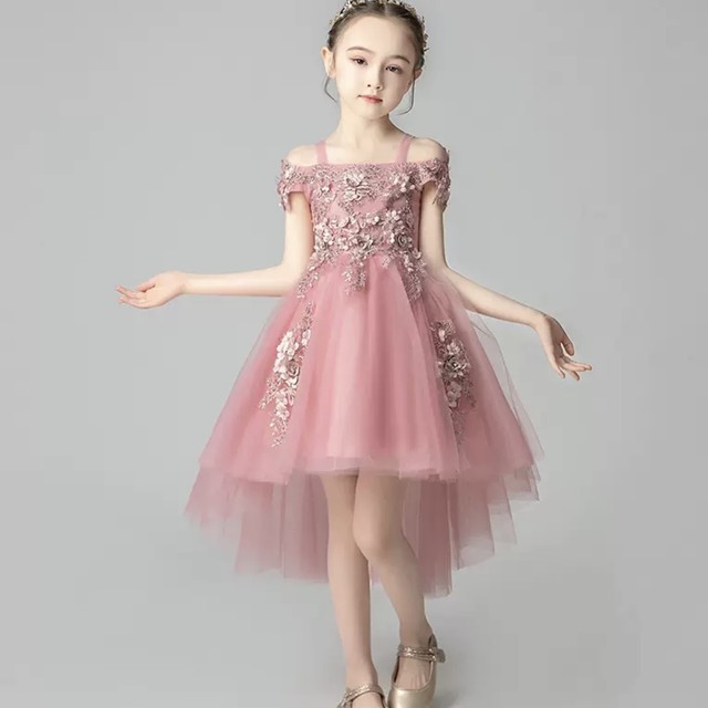 キッズ ドレス ワンピース 3色 グレー レッド ピンク 子供服 アシメ チュールドレス オフショルダー 可愛い ガーリー エレガント ラブリー キュート 華やか フェミニン 花 刺繍 発表会 衣装 大きいサイズ 女の子 送料無料の通販は