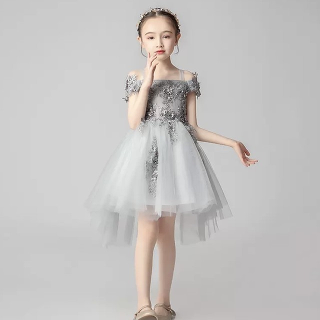 キッズ ドレス ワンピース 3色 グレー レッド ピンク 子供服 アシメ チュールドレス オフショルダー 可愛い ガーリー エレガント ラブリー キュート 華やか フェミニン 花 刺繍 発表会 衣装 大きいサイズ 女の子 送料無料の通販は