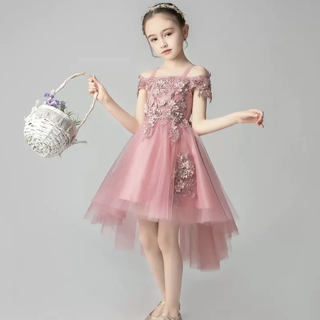 キッズ ドレス ワンピース 3色 グレー レッド ピンク 子供服 アシメ チュールドレス オフショルダー 可愛い ガーリー エレガント ラブリー キュート 華やか フェミニン 花 刺繍 発表会 衣装 大きいサイズ 女の子 送料無料の通販は