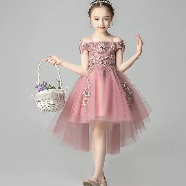 キッズ ドレス ワンピース 3色 グレー レッド ピンク 子供服 アシメ チュールドレス オフショルダー 可愛い ガーリー エレガント ラブリー キュート 華やか フェミニン 花 刺繍 発表会 衣装 大きいサイズ 女の子 送料無料の通販は