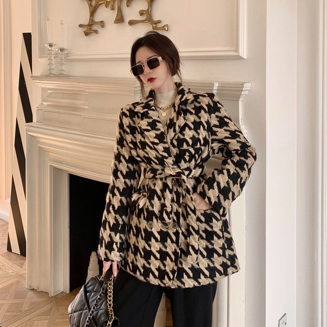 アウター ジャケット ショートコート レディース 千鳥格子 シングルブレスト ウエストマーク ミディアムコート ジャケット 大人可愛い きれいめ 上品 レトロ エレガント フェミニン ベージュ キャメル おしゃれ クール お出かけ 通勤 送料無料の通販は 7,723円