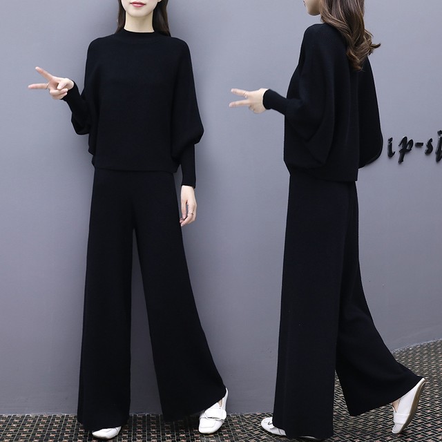 セットアップ ニット パンツ プルオーバー ハイネック ワイド オーバーサイズ レディース 長袖 可愛い 無地 春 秋 冬 ガーリー  大人 学生 お出かけ きれいめカジュアル 着回し ドロップショルダー 黒 体型カバー マタニティ 送料無料 個性的の通販は 8,980円