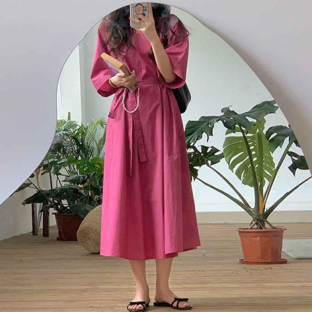 ワンピース シャツワンピース フレアワンピース ミモレ ミモレ丈 5分袖 五分袖 ラウンドネック 襟付き フレア リボン ウエストリボン ハイウエスト 薄手  かわいい きれいめ シンプル 大人 上品 おしゃれ お洒落 大人可愛い 大人女子 主役級 存在感 無地 0 夏 2021 10代 20代の通販は 4,572円