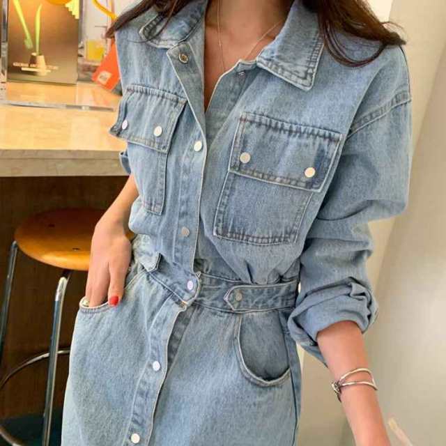 ワンピース レディース デニムワンピース サイドベルト ポケット シャツワンピース ウエストマーク ロングシャツ シャツワンピース ミモレ丈 カジュアル きれいめ上品 無地 お洒落 おしゃれ 大人 こなれ感 モード系 襟付き オルチャン 韓国 ファッション オシャレ ママ 休日の通販は 7,780円