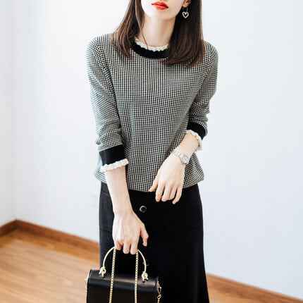 ニット トップス セーター 袖あり 長袖 ハイネック ニット 大人可愛い きれいめ カジュアル 上品 おしゃれ レトロ 千鳥格子 秋 冬 10代 20代 通勤 学生 デート 着回し 普段使い S M L XL 2XL ブラックの通販は 5,042円