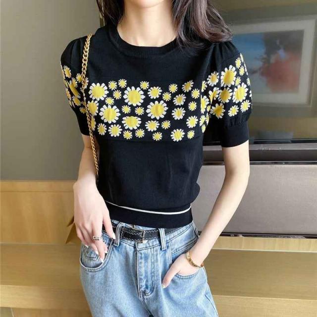 レディース トップス 半袖 袖あり ビーズ ジャカードニット 半袖Tシャツ ラウンドネック 大人 ライトグリーン 黒 大人可愛い きれいめ シンプル 大人  おしゃれ 大人女子 夏 30代  ビジネス OL 通勤 普段使い モテ サイズ S M Lの通販は