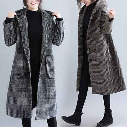 アウター デート コート 上着 膝下 ミドル丈 長袖 ドロップショルダー フレア ワイド フード付き ポケット 前開き 大人可愛い シンプル カジュアル 大人 おしゃれ レトロ ラフ ルーズ 抜け感 チェック柄 格子柄 グレンチェック 秋 冬 20代 30代 40代 50代 レディース  OL M Lの通販は