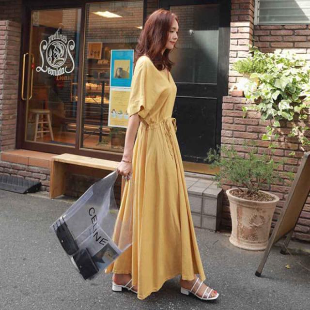 ワンピース レディース リネン Vネック ロングフレア ウエストマーク ウエストリボン ロング ロング丈 フレア 半袖 カジュアル きれいめ上品 無地 お洒落 おしゃれ 大人 こなれ感 モード系 オルチャン 韓国 ファッション オシャレ ママ お出かけ 女子会 デート 公園デビューの通販は 5,659円