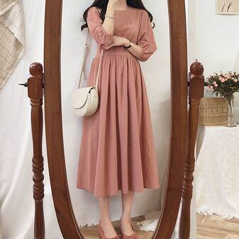 ワンピース レディース 膝下 ミモレ丈 7分袖 ボリューム袖 パフスリーブ ラウンドネック フレア Aライン プリーツ ウエストマーク 大人可愛い きれいめ 上品 お洒落 おしゃれ 主役級 存在感 大人 シンプル こなれ感 オルチャン 韓国 韓国系 ファッション オシャレ 休日 旅行の通販は