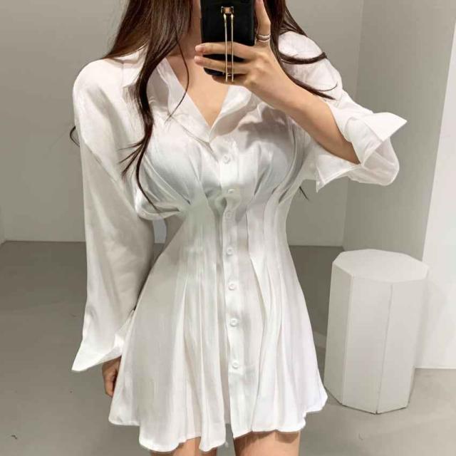 シャツワンピース レディース エレガント 光沢 ウエストプリーツバックレースラペルシングルブレスト長袖シャツドレスパーティーワンピース レース ドレス 長袖 パーティドレス 結婚式 お呼ばれ 透け感 二次会 パーティ モード 大人 大人可愛い シンプル セクシー オルチャンの通販は 4,674円