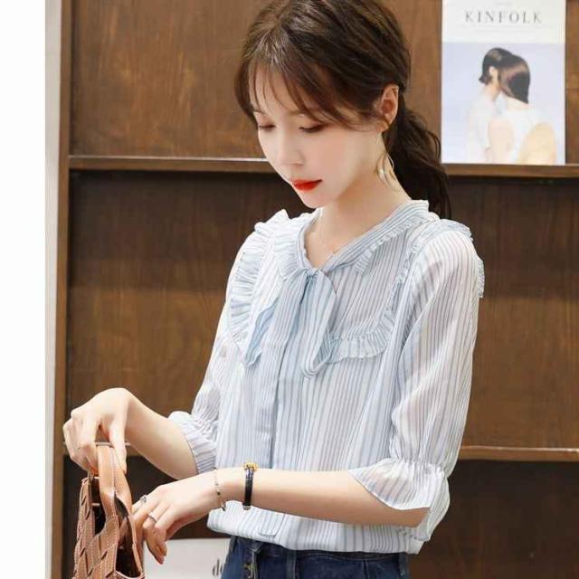 トップス シャツ ブラウス 袖あり 5分袖 五分袖 Vネック 襟なし プリーツ リボン 透け感 シースルー 薄手 かわいい きれいめ シンプル 大人 上品 おしゃれ お洒落 かっこいい レトロ 大人可愛い 大人女子 クール モード系 柄 ストライプ 0 夏 二次会 ハロウィン 2021 10代 OLの通販は 4,932円