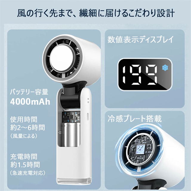 ハンディファン 冷却プレート 瞬間冷感 大容量4000mAh 100段風量 折り畳み式 充電式 小型 超軽量 冷感送風 冷却機能 携帯扇風機 手持ち扇風機 デジタル表示画面_1