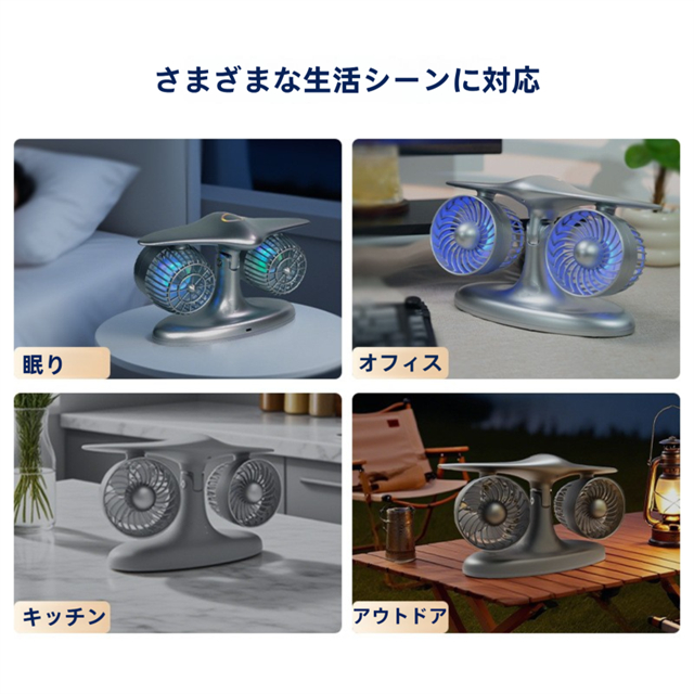 卓上扇風機 扇風機 ダブルファン 飛行機型のデスクファン 3段階調整 USB充電式 ワンタッチ操作 3000mAh大容量バッテリー ライト付き_7
