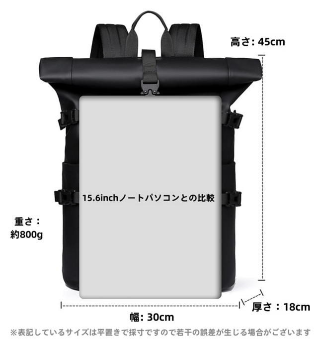 リュックサック バックパック ロールトップ式 大容量 リュック 撥水 メンズ 防水 PC収納  A4 パソコンバッグ 15.6インチ 出張 防災リュック 軽量 旅行 通学 通勤_7