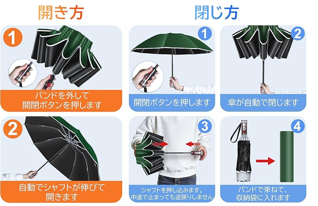 折りたたみ傘 逆折り式 晴雨兼用 自動開閉 逆戻り防止 10本骨 反射テープ付き 逆折り畳み傘 男女兼用 撥水 耐風 丈夫 遮光 UVカット_8