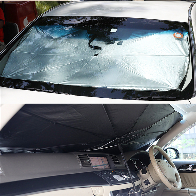 サンシェード 傘型 車 カー用品 日よけ 折りたたみ傘 紫外線対策 10本骨 遮光 断熱 簡単操作 収納ポーチ付き 折り畳み式 フロントカバー 車保護 夏_3