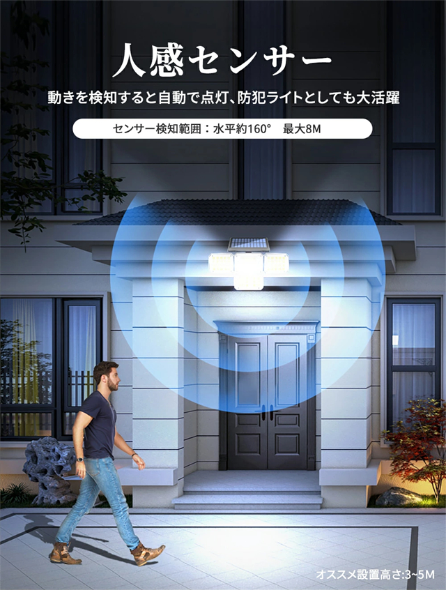 センサーライト 屋外 ソーラーライト 人感センサー 光感 ライト LED 照明 防水 人感センサーライト 電気代ゼロ 防犯 明暗センサー 壁掛け 角度調整 停電 防災対策 玄関 庭 駐車場 停電対策_9