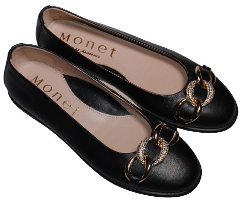 【靴のHOSHIKAWA】  『MONET 1624』 モネ パンプス 22.5cm〜25cm EEE カッター レディース フラット底 ブラック ラインストーン カジュアル 本革 国産