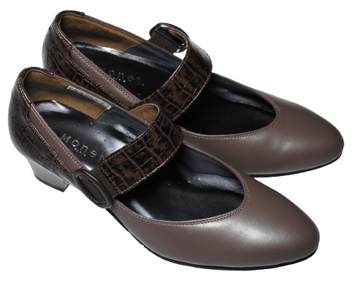 【靴のHOSHIKAWA】  『Monet 243003』 モネ ブラウンコンビ 21.5cm〜25cm EEE パンプス レディース 甲バンド ローヒール 幅広 牛革 国産