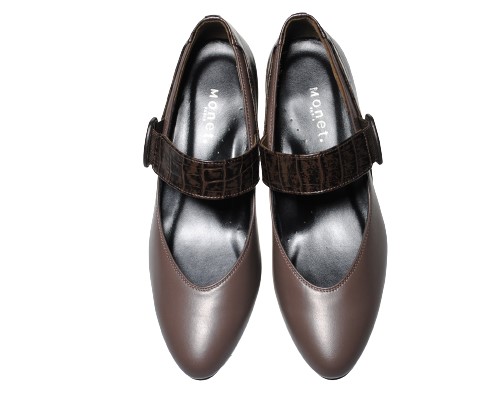 【靴のHOSHIKAWA】  『Monet 243003』 モネ ブラウンコンビ 21.5cm〜25cm EEE パンプス レディース 甲バンド ローヒール 幅広 牛革 国産