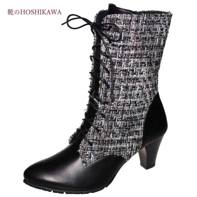 【靴のHOSHIKAWA】  『Dona Miss 10270』 21.5cm〜24.5cm EEEE ドナミス ミドルブーツ レディース ブラックPC レースアップ サイドファスナー 国産 本革 春夏