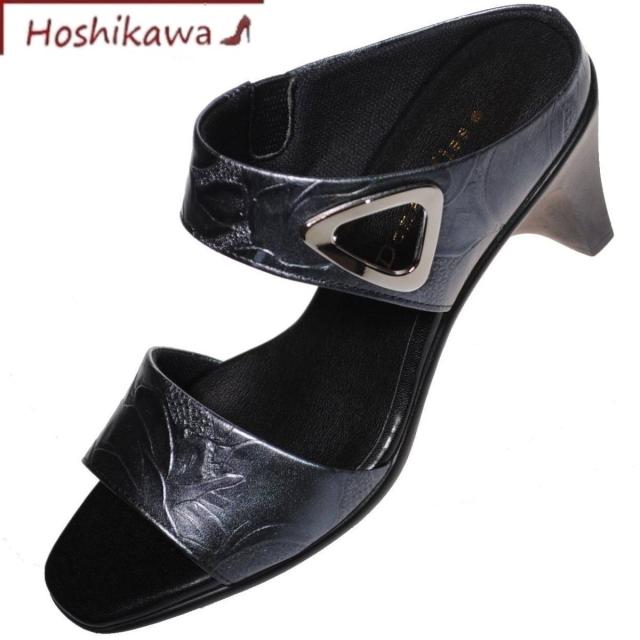 【靴のHOSHIKAWA】  『Dona Miss 335』 ドナミス ミュール 21.5cm〜24.5cm レディース ブラック サンダル 花柄型押し 前開き 国産 天然皮革 春夏
