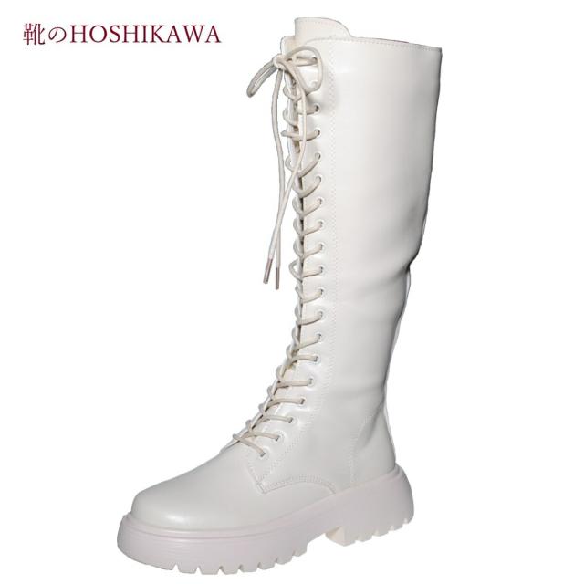 【靴のHOSHIKAWA】  『l Rouge 2001』 メタルルージュ レースアップブーツ S M L レディース  ロングブーツ ホワイト サイドファスナー 厚底 合皮