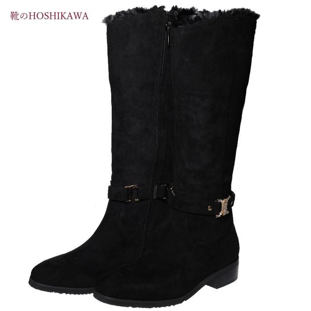 【靴のHOSHIKAWA】  『maaRu 309』 レディース ロングブーツ S M L LL ブラックスウェード 内側ファスナー ヒール ラインストーン 合皮 秋冬
