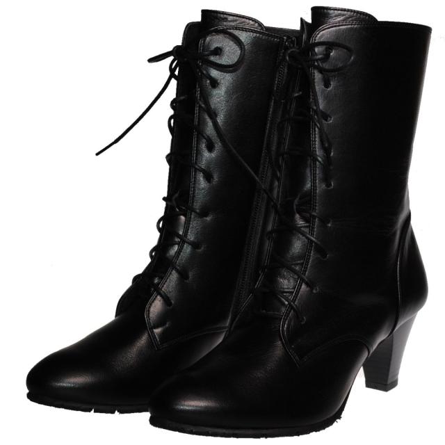 【靴のHOSHIKAWA】  『Dona Miss 10270』 21.5cm〜24.5cm EEEE ドナミス ミドルブーツ レディース ブラックPC レースアップ サイドファスナー 国産 本革 春夏