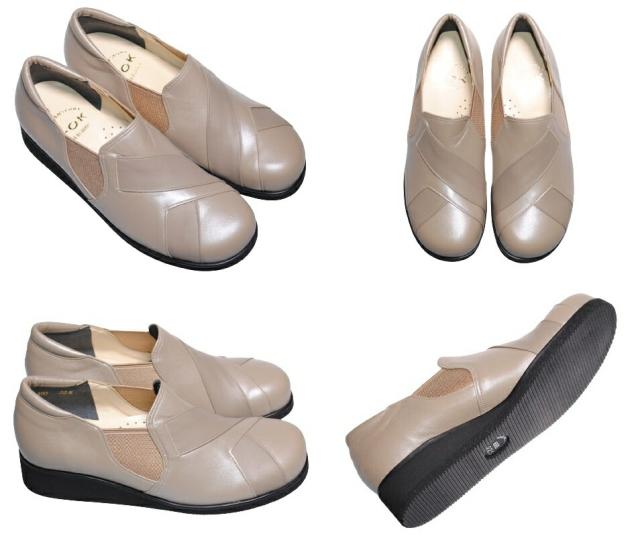 【靴のHOSHIKAWA】  『A-OK 5890』 エーオーケー スリッポン 21.5cm〜24.5cm EEE レディース グレージュメタ フラット底 サイドゴア 牛革 春夏