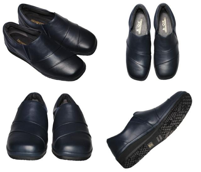 【靴のHOSHIKAWA】  『A-OK 9461』 エーオーケー スリッポン 22cm〜24.5cm EEEE ブラック カジュアル レディース ローヒール スクエアトゥ 牛革 防滑