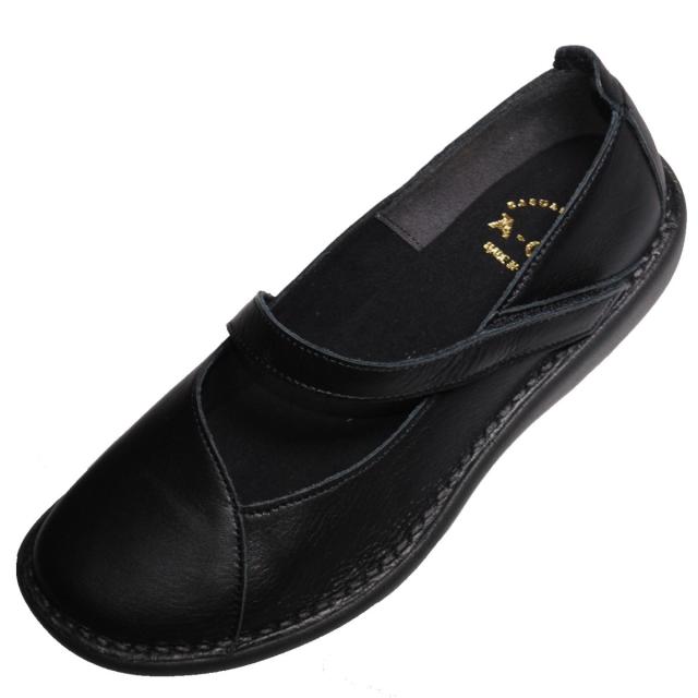 【靴のHOSHIKAWA】  『A-OK 19610』 エーオーケー スリッポン 22cm〜24.5cm EEEE レディース ブラック フラット底 ストラップ 牛革