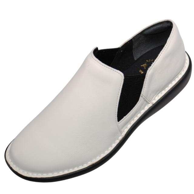 【靴のHOSHIKAWA】  『A-OK 19604』 エーオーケー スリッポン 22cm〜24.5cm EEEE ホワイト カジュアル レディース ローヒール サイドゴア 牛革 幅広 国産