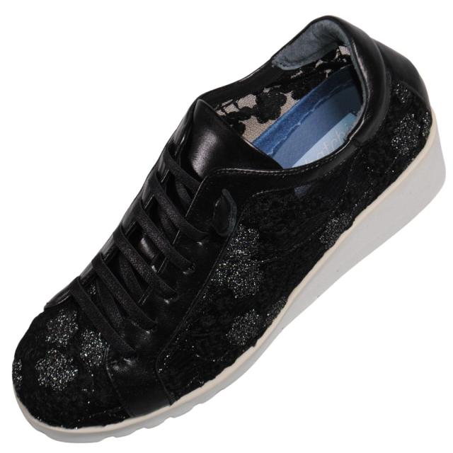 【靴のHOSHIKAWA】  『hatchi 2427』 ハッチ レザースニーカー 21.5cm〜24.5cm EEEE チュールレース 花柄 レディース ブラック 本革 国産 春夏