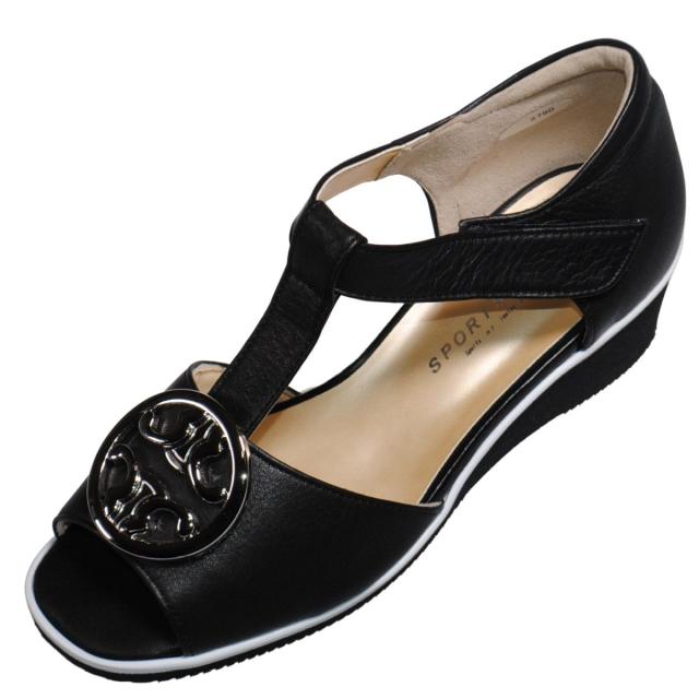 【靴のHOSHIKAWA】  『SPORTS NINE 2790』 スポーツナイン サンダル 21.5cm〜24.5cm EEE ブラック オープントゥ ウェッジソール マジック 日本製 本革 春夏