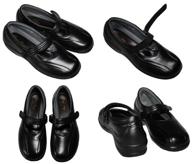 【靴のHOSHIKAWA】  『BON STEP 2874』 ボンステップ コンフォートパンプス 22cm〜24.5cm EEEE マジックテープ ブラック 外反母趾 幅が広い 国産 牛革 撥水