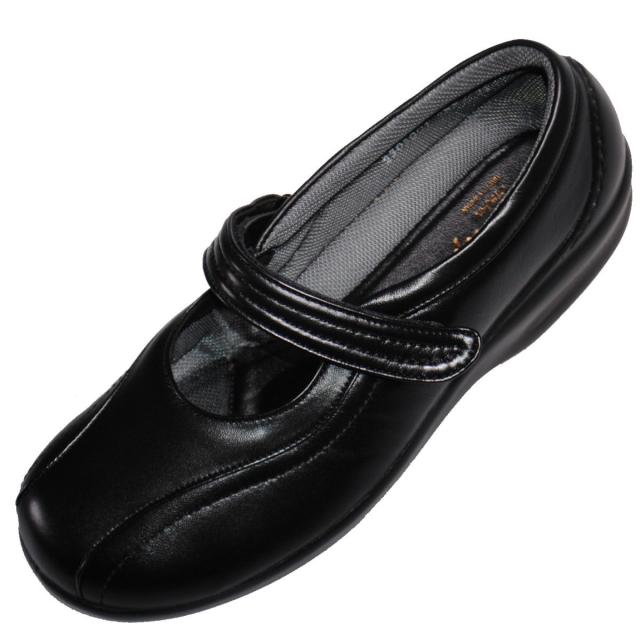 【靴のHOSHIKAWA】  『BON STEP 2874』 ボンステップ コンフォートパンプス 22cm〜24.5cm EEEE マジックテープ ブラック 外反母趾 幅が広い 国産 牛革 撥水